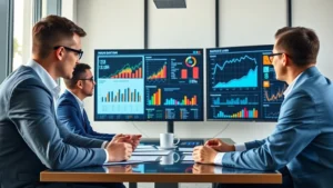 Professional business executives in modern conference room reviewing growth charts and financial dashboards on large displays, collaborative discussion environment, natural lighting