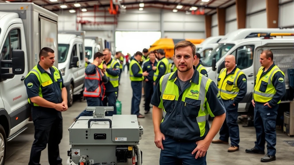Diverse team of service technicians in branded uniforms preparing equipment and vehicles for daily operations, organized warehouse setting, focused and professional demeanor