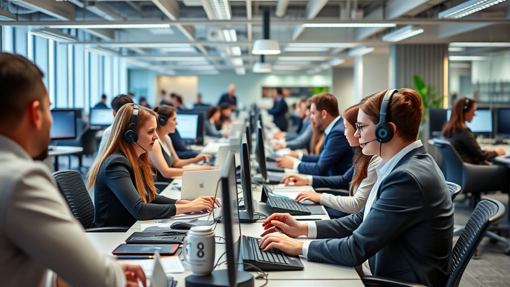 Busy customer service center with agents at workstations assisting clients, modern office environment with collaborative workspace design, professional business attire