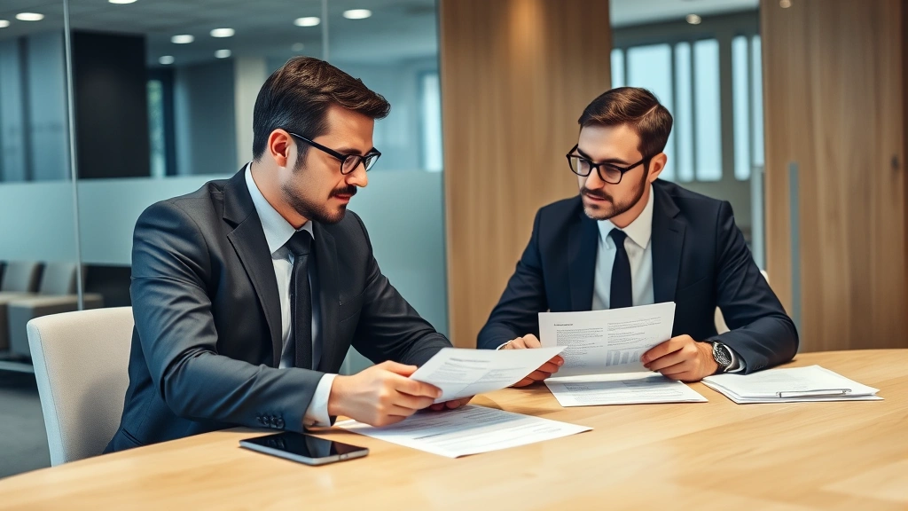 Business negotiation scene with two professionals reviewing packaging specifications and pricing contracts at conference table, professional attire, corporate meeting room setting