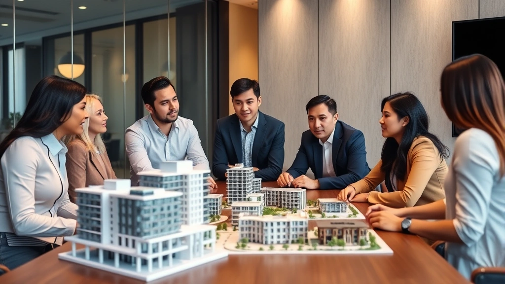 Diverse team of real estate professionals collaborating in contemporary conference room with architectural models of mixed-use developments and investment properties displayed on table