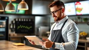 Professional taco restaurant manager reviewing digital sales dashboard on tablet, modern kitchen background, confident expression, natural lighting, business casual attire