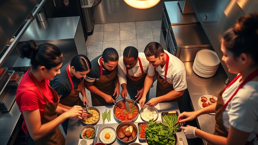 Overhead shot of diverse team members in restaurant uniforms preparing food together, collaborative atmosphere, stainless steel counters, focused engagement, warm restaurant lighting