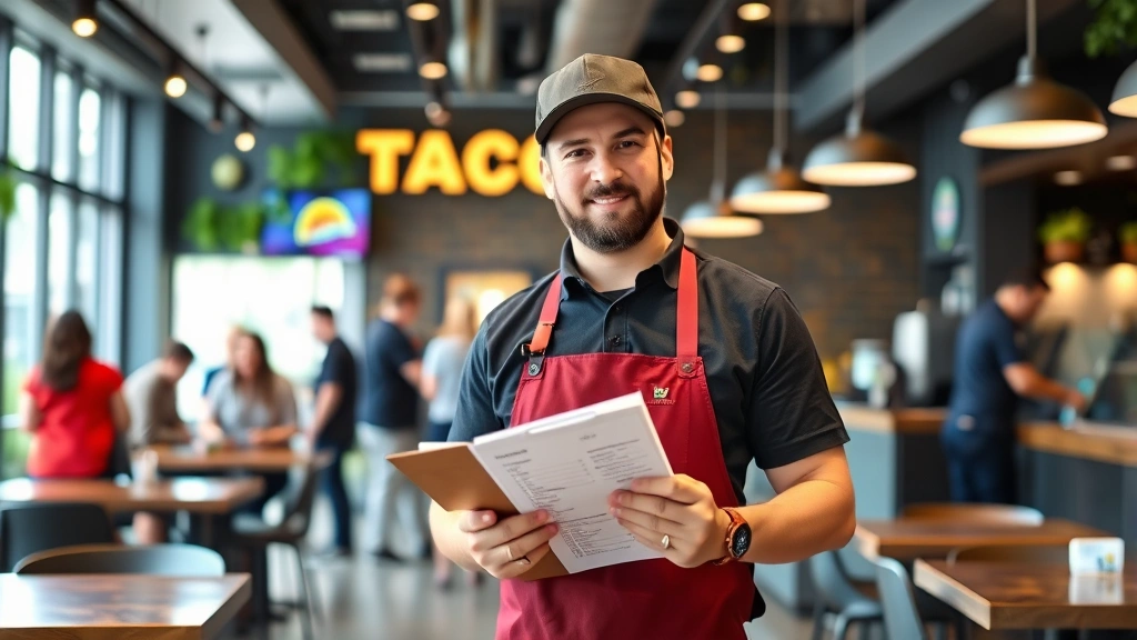 Taco restaurant owner standing in modern dining area with customers in background, reviewing inventory checklist on clipboard, professional appearance, contemporary casual dining space