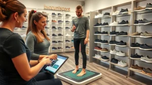 Professional shoe fitting consultation at specialty footwear retail location, expert female staff member assisting customer with advanced gait analysis technology, customer standing on pressure mapping device, premium comfort shoes displayed in background, bright professional retail environment
