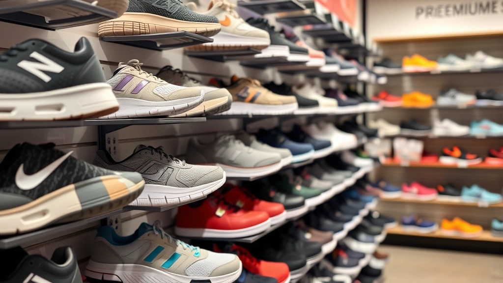 Close-up of premium shoe brands displayed on retail shelving, diverse footwear styles including orthopedic and athletic options, professional product presentation, store lighting highlighting shoe details, organized arrangement showing variety and quality