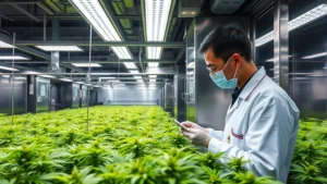 Professional cannabis cultivation facility interior with rows of healthy plants under LED lighting, stainless steel equipment, quality control technician inspecting plants, modern climate monitoring systems, clean laboratory environment