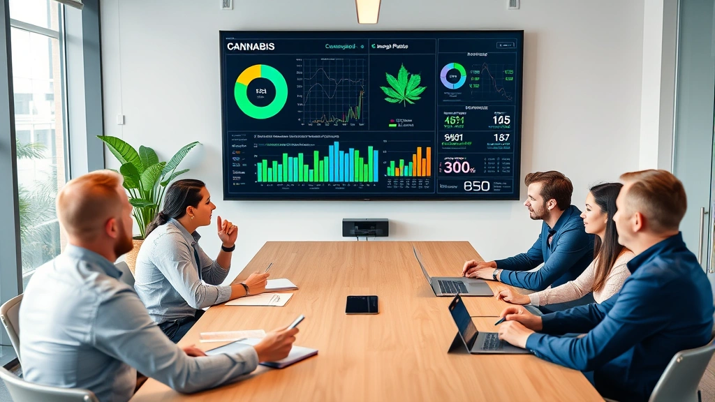 Diverse business professionals in modern office conference room reviewing cannabis product development data, cannabinoid analysis charts on large monitor, team collaboration with notebooks and tablets, contemporary workspace design