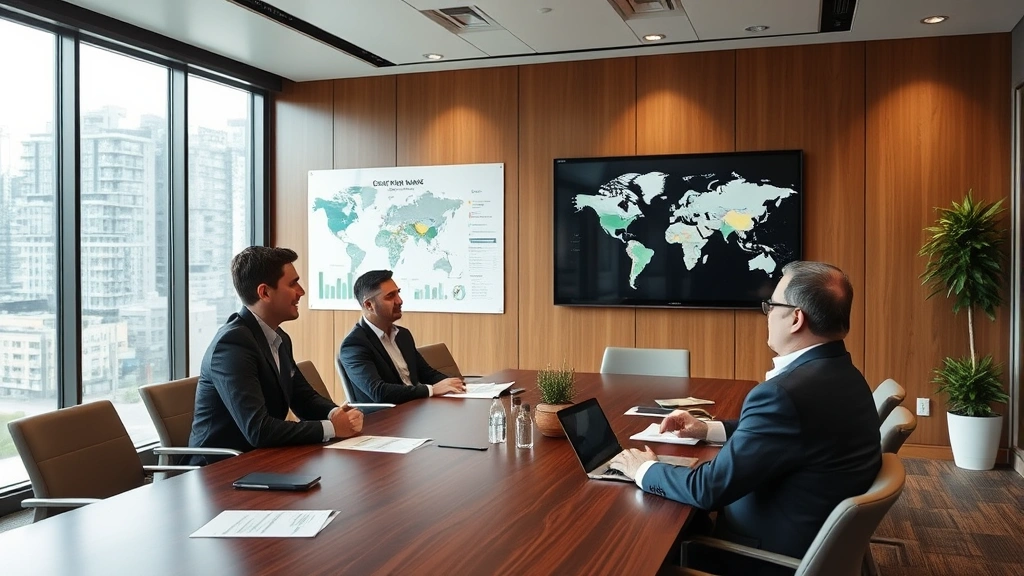 Cannabis industry executives in sophisticated boardroom environment discussing growth strategy, market expansion maps on wall, professional presentation materials, corporate meeting atmosphere with natural lighting