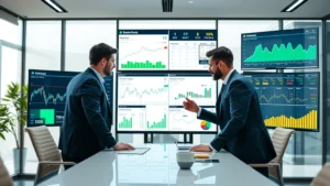 Professional business executives in modern fintech office collaborating on digital finance dashboard with multiple screens displaying real-time market data, cryptocurrency charts, and payment analytics