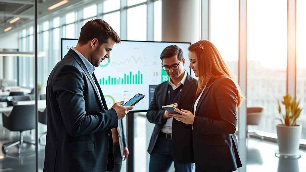 Corporate team in contemporary fintech headquarters reviewing mobile banking application on large display screen with graphs, metrics, and financial performance indicators visible