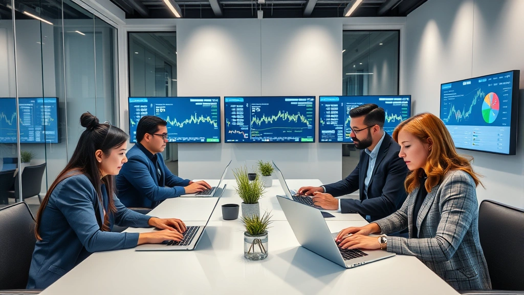 Diverse professionals in sleek fintech startup environment working with laptops and tablets, surrounded by minimalist modern furniture, analyzing investment portfolios and transaction data on screens