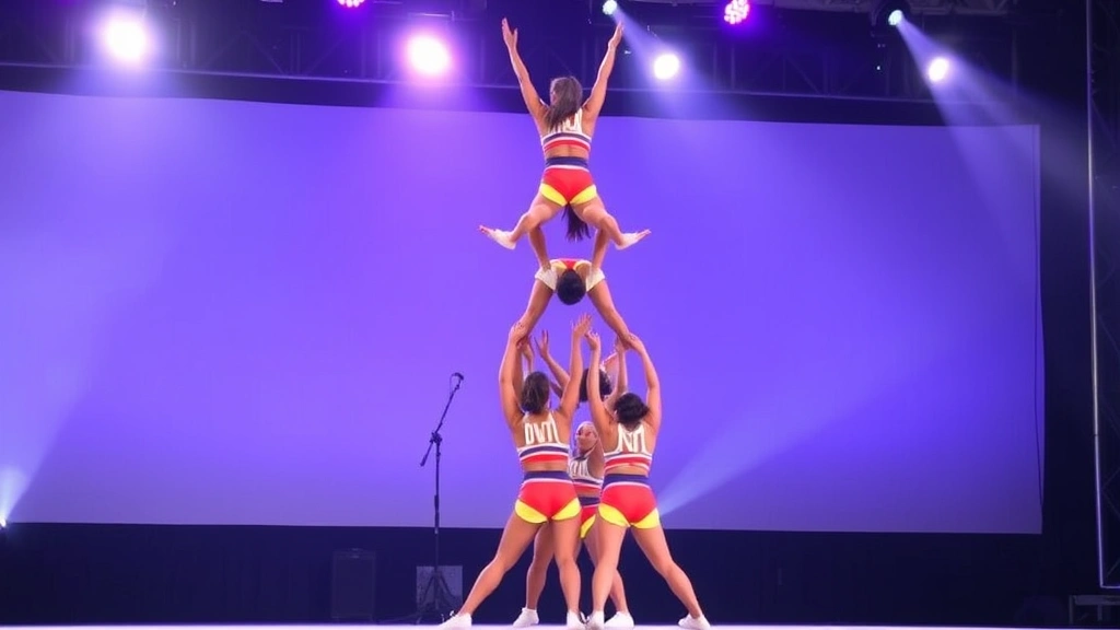 Competitive cheerleading team performing synchronized pyramid formation on competition stage with professional lighting, showcasing athletic excellence and coordination