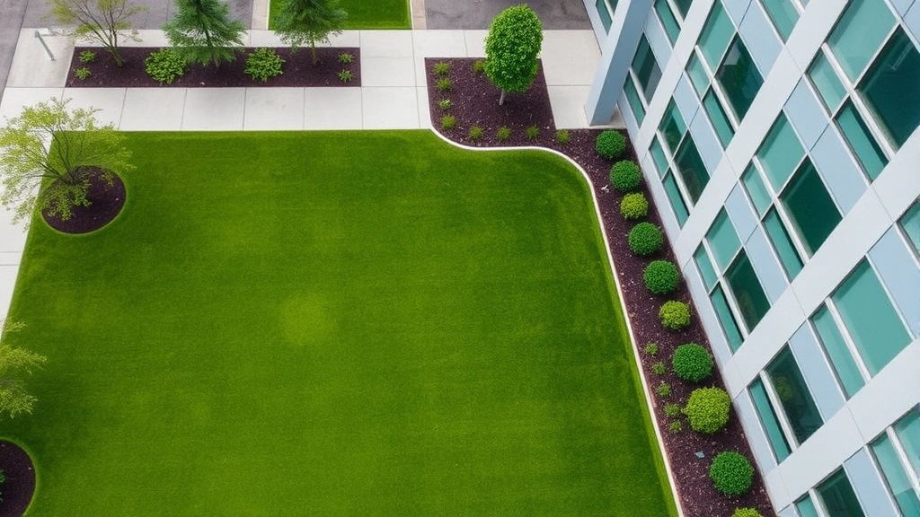 Aerial view of well-maintained artificial turf installation at corporate facility, vibrant green synthetic grass, landscaped borders, clean and pristine condition, professional property management