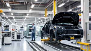 Modern automotive manufacturing facility with advanced robotic coating application systems, quality control stations, and workers in protective equipment inspecting finished components in industrial setting