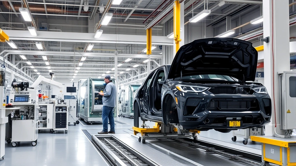 Modern automotive manufacturing facility with advanced robotic coating application systems, quality control stations, and workers in protective equipment inspecting finished components in industrial setting