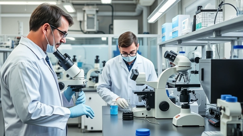 Professional scientists and engineers in laboratory setting conducting coating research with advanced testing equipment, microscopes, and chemical analysis instruments demonstrating innovation