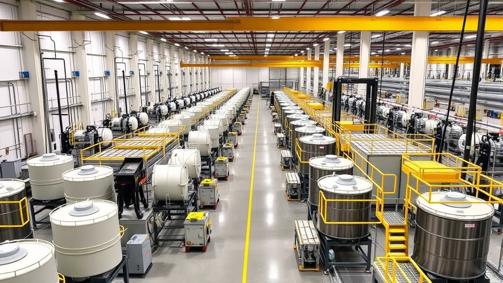 Global manufacturing facility with multiple production lines showing industrial coating application equipment, storage tanks, and quality assurance processes with safety infrastructure