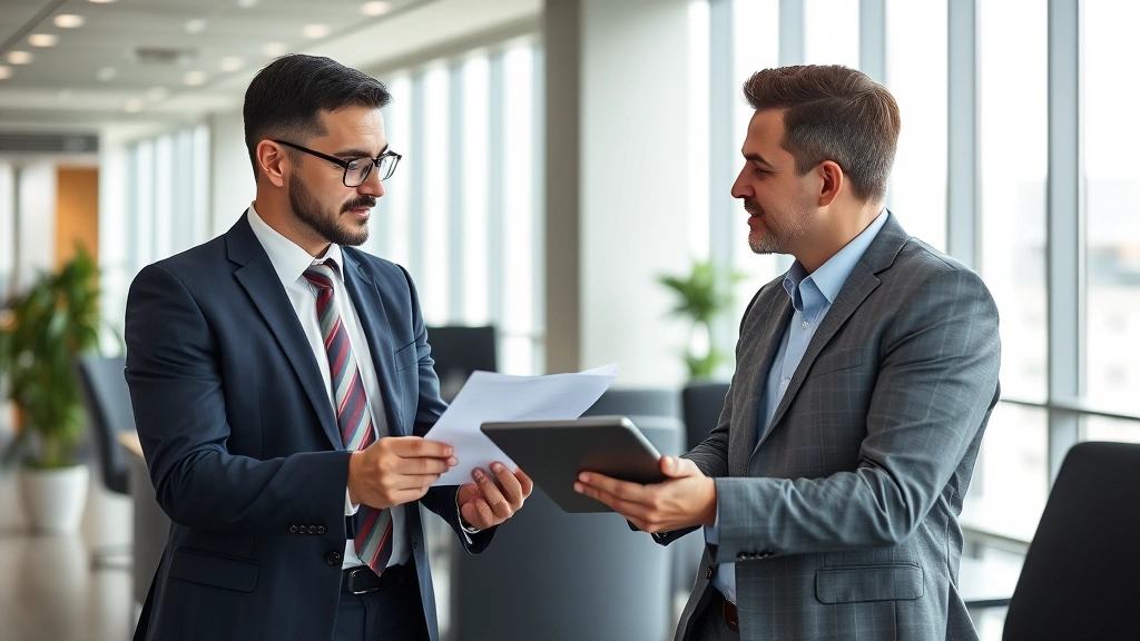 Professional insurance broker consulting with business executive in modern corporate office, reviewing policy documents and risk assessment data on tablet computer, collaborative discussion environment