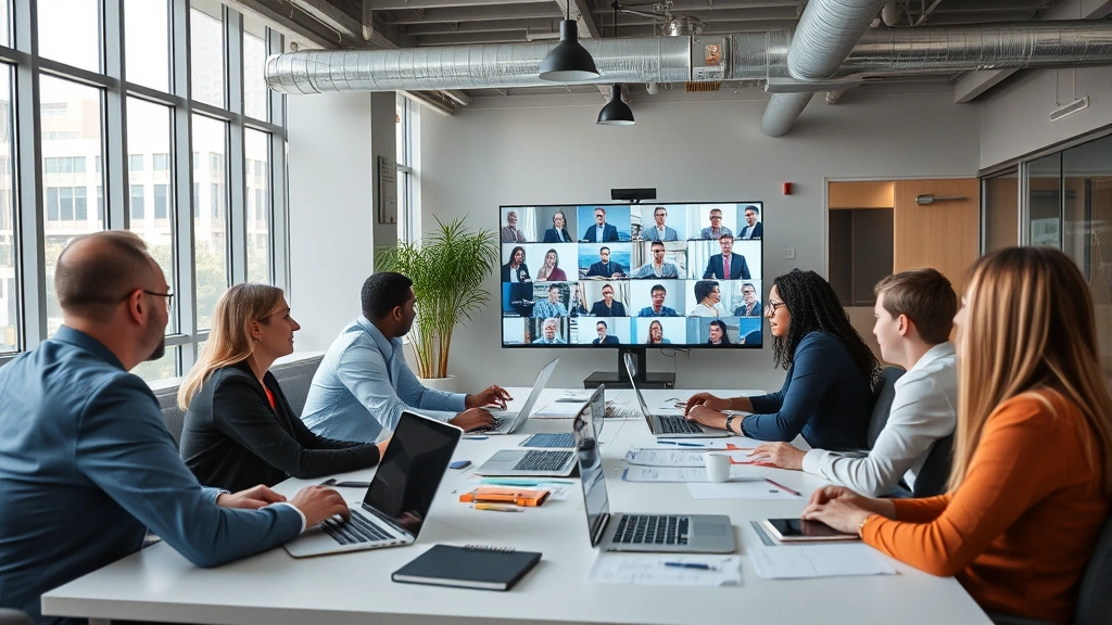 Diverse team of insurance claims specialists working in contemporary open office, analyzing complex claims files and communicating via video conference with international colleagues