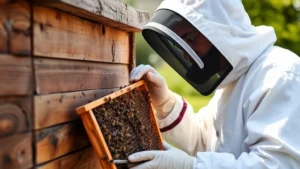Professional beekeeper in protective white suit carefully removing honeycomb from wooden structure using specialized tools, outdoor daylight setting with blurred garden background