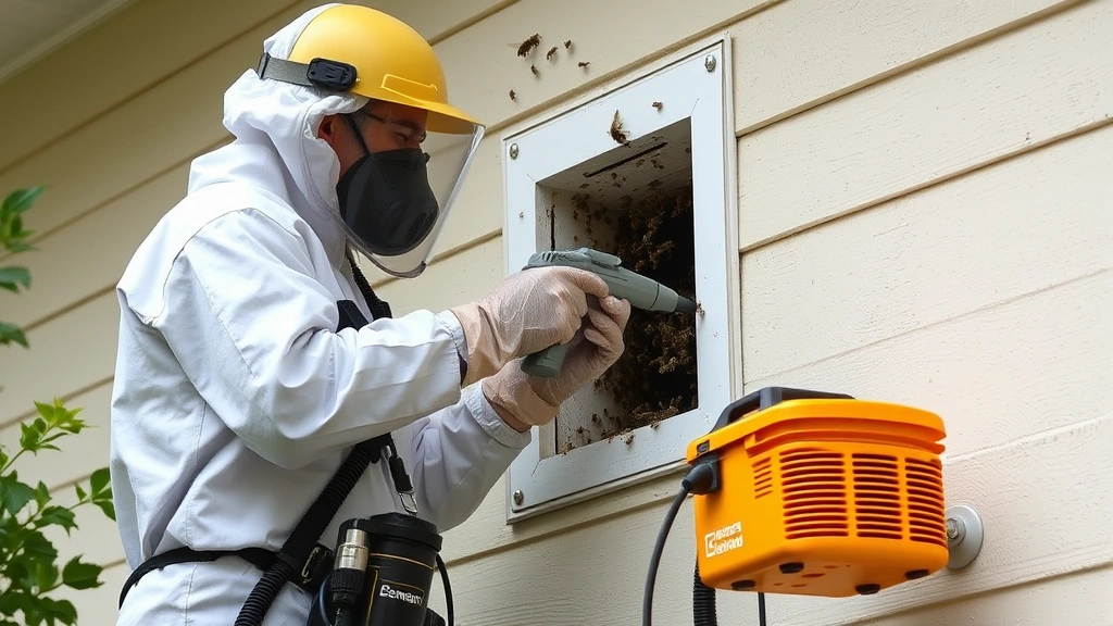 Licensed bee removal technician in full protective gear operating bee vacuum equipment on exterior wall cavity, demonstrating safe capture methodology with professional equipment