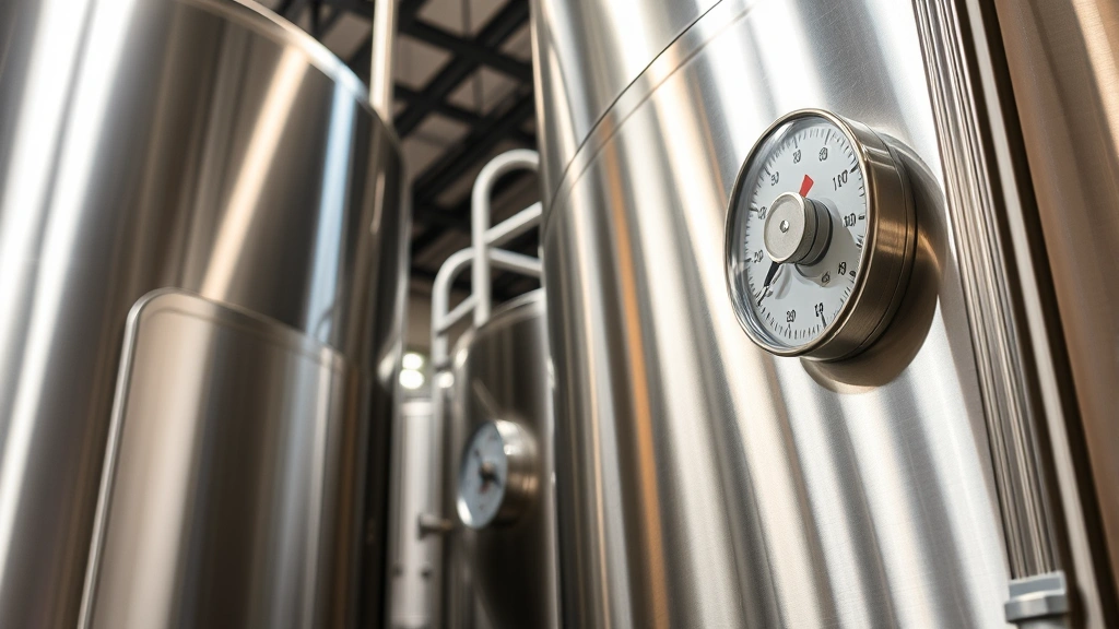 Close-up of professional brewery fermentation tanks with temperature control gauges and stainless steel surfaces in industrial facility lighting, modern craft brewery equipment
