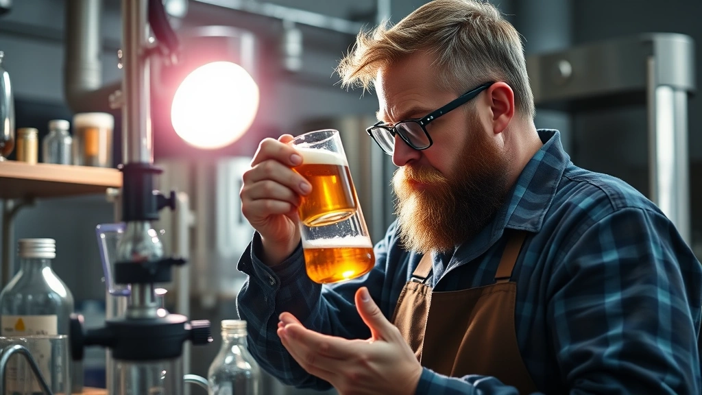 Brewmaster examining beer sample in laboratory beaker against light source, professional quality testing environment with precision equipment and analysis tools
