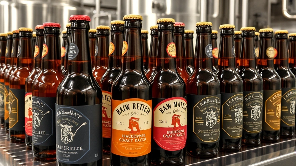 Rows of bottled craft beer with custom labels in brewery packaging facility, finished products ready for distribution showing quality control and professional presentation