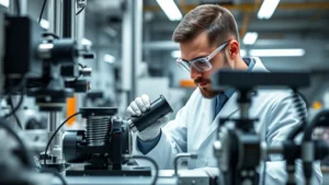 Professional automotive engineer in modern laboratory examining precision manufacturing components with advanced equipment and technical instruments, focused concentration on quality control