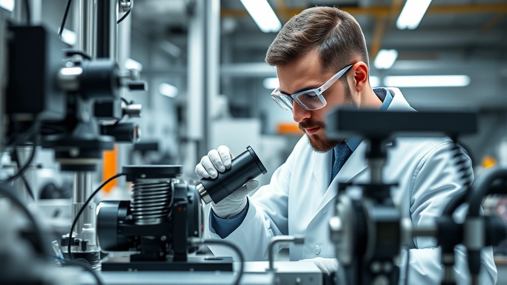 Professional automotive engineer in modern laboratory examining precision manufacturing components with advanced equipment and technical instruments, focused concentration on quality control