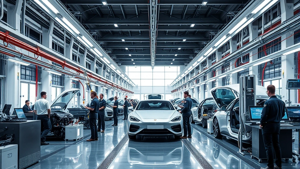 Sleek luxury automotive manufacturing facility with robotic assembly lines, workers in technical uniforms monitoring production processes, modern industrial architecture with natural lighting