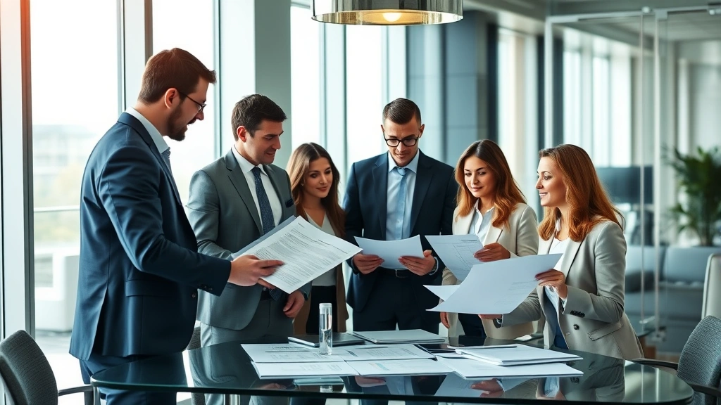 Executive business leadership team in contemporary conference room reviewing strategic plans and market analysis documents, diverse professionals collaborating on innovation strategy