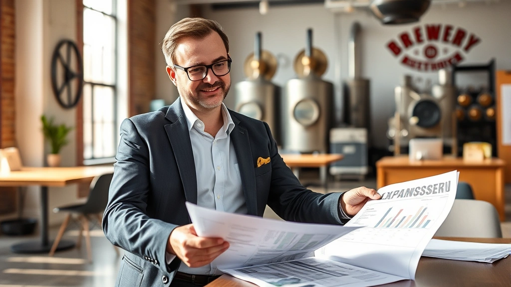 Professional brewery executive in modern office reviewing expansion plans and financial reports, natural lighting, contemporary workspace with brewery heritage visible in background, confident professional demeanor