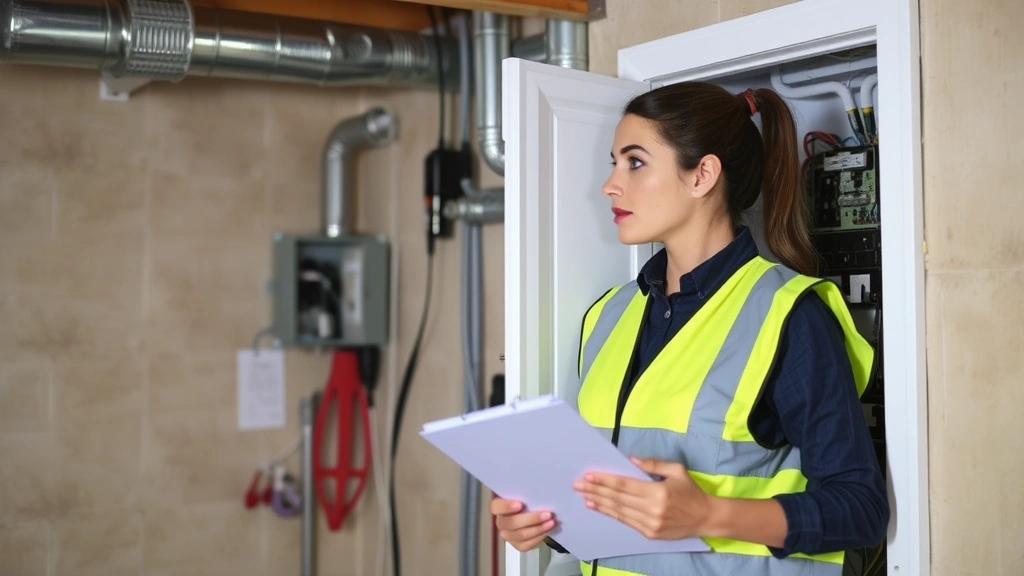 Female home inspector in safety vest examining electrical panel in residential basement with clipboard and professional equipment visible