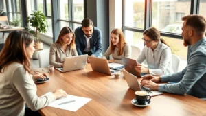 Professional business team in modern office collaborating on sales strategy with laptops, notebooks, and coffee cups on wooden conference table, natural lighting