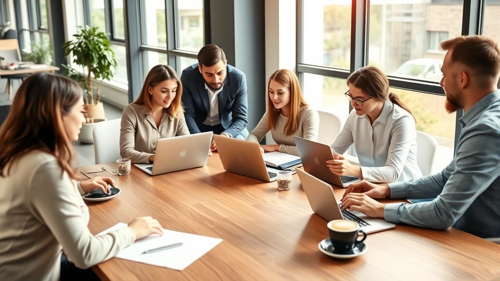 Professional business team in modern office collaborating on sales strategy with laptops, notebooks, and coffee cups on wooden conference table, natural lighting