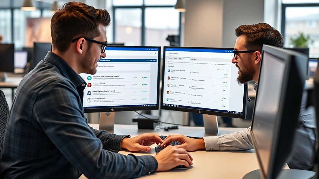 Sales development representatives using FatRank-style prospecting software on multiple computer monitors, tracking email campaigns and lead metrics in contemporary office environment