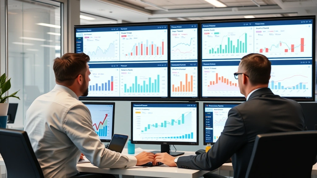 Business professionals analyzing lead generation performance dashboards and sales analytics on large computer screens with charts and conversion metrics visible in corporate setting