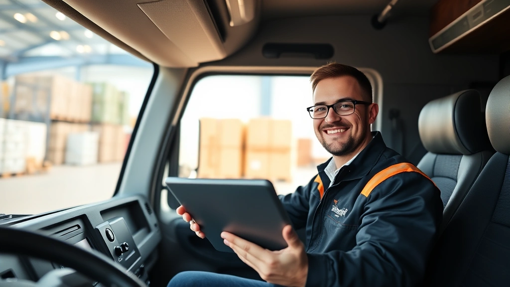 Professional truck driver in modern cab of white semi-truck, wearing company uniform, smiling confidently with tablet computer displaying logistics software, daylight warehouse background