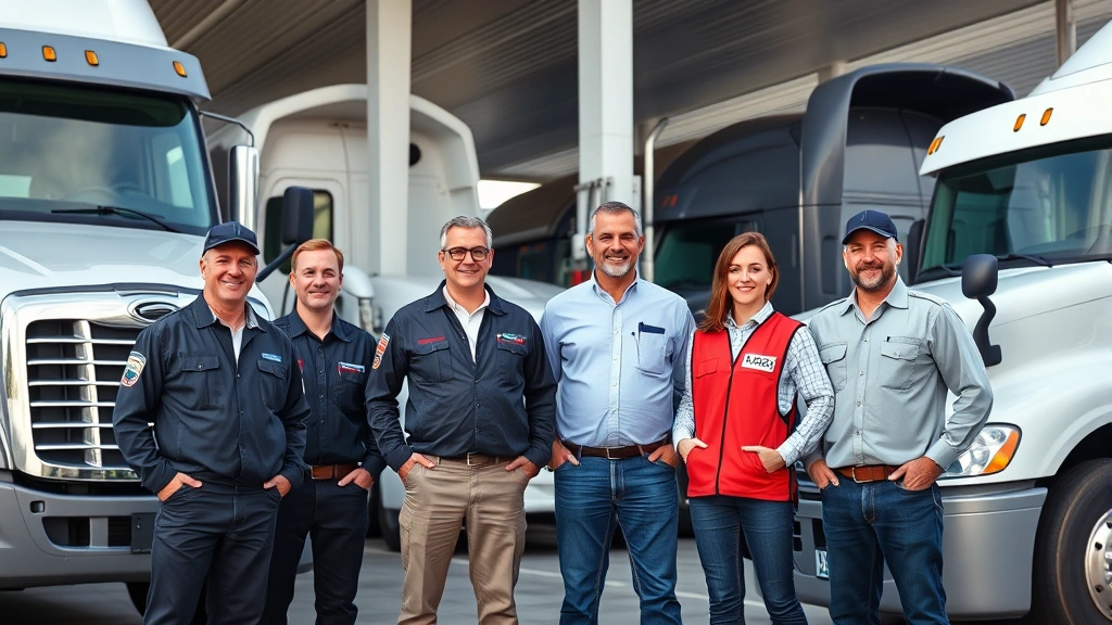 Diverse group of four truck drivers standing together in professional attire beside parked commercial trucks, modern truck stop facility with fuel pumps visible, daytime natural lighting