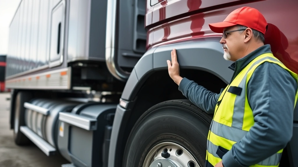 Senior experienced truck driver conducting safety inspection of semi-truck exterior, checking tire condition, professional work clothes, modern well-maintained vehicle, industrial yard setting