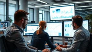 Professional business team reviewing analytics on computer screens in modern office, corporate environment with multiple monitors displaying charts and data visualizations