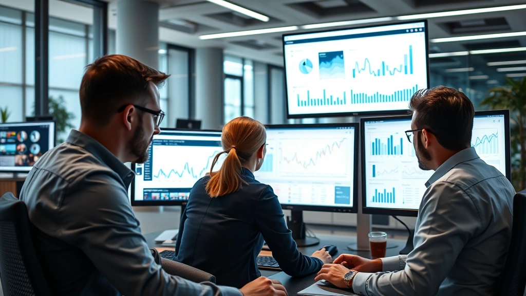 Professional business team reviewing analytics on computer screens in modern office, corporate environment with multiple monitors displaying charts and data visualizations