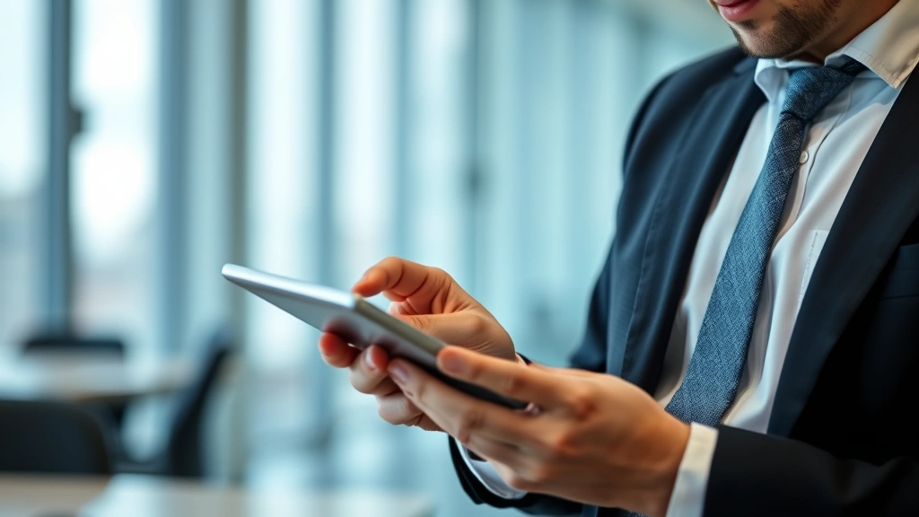 Executive in suit reviewing positive customer feedback and five-star ratings on tablet device, professional corporate setting with blurred office background