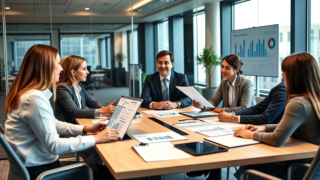 Corporate professionals in conference room collaborating on strategy session, reviewing reports and discussing business metrics, modern office environment