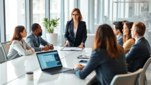 Professional woman in business attire leading a conference room meeting with diverse team members around a modern table, discussing data on screens