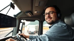 Professional truck driver in modern cab with digital dashboard and GPS navigation system, confident expression, natural daylight through windshield showing highway ahead, modern tractor-trailer visible