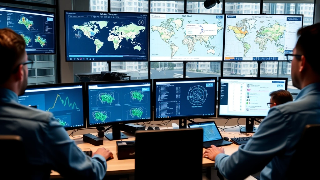 Modern fleet management control center with multiple monitors displaying real-time tracking maps and vehicle telemetry data, professional operators monitoring logistics network, contemporary office setting