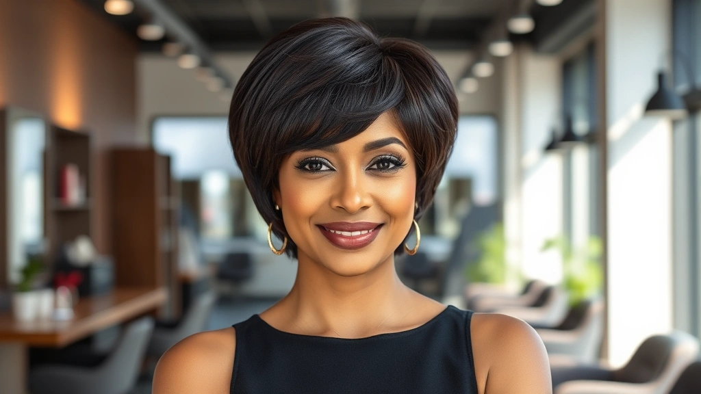 Professional woman wearing high-quality human hair wig in modern salon setting, natural lighting, confident expression, diverse ethnicity, realistic styling